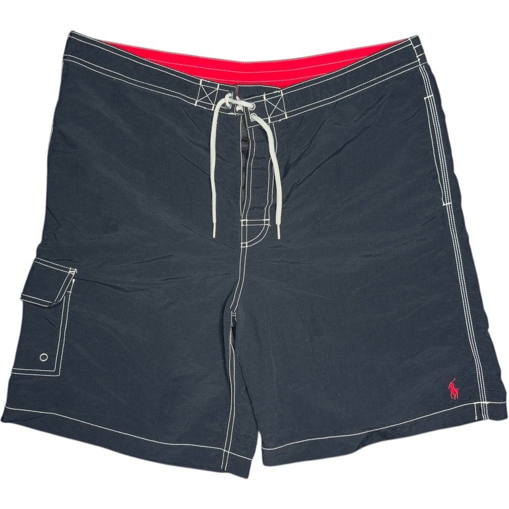Vintage Polo Ralph Lauren Mens XL Black Cargo Swim Board Trunks Red Pony 90s Y2K